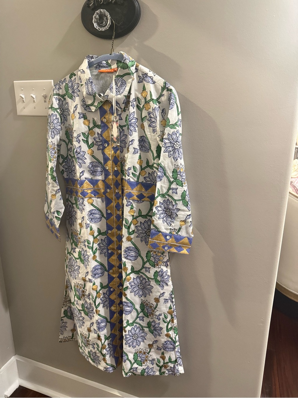 Oliphant Button-Front Long Sleeve Shirt Dress Presidio Blue w Gold Accents